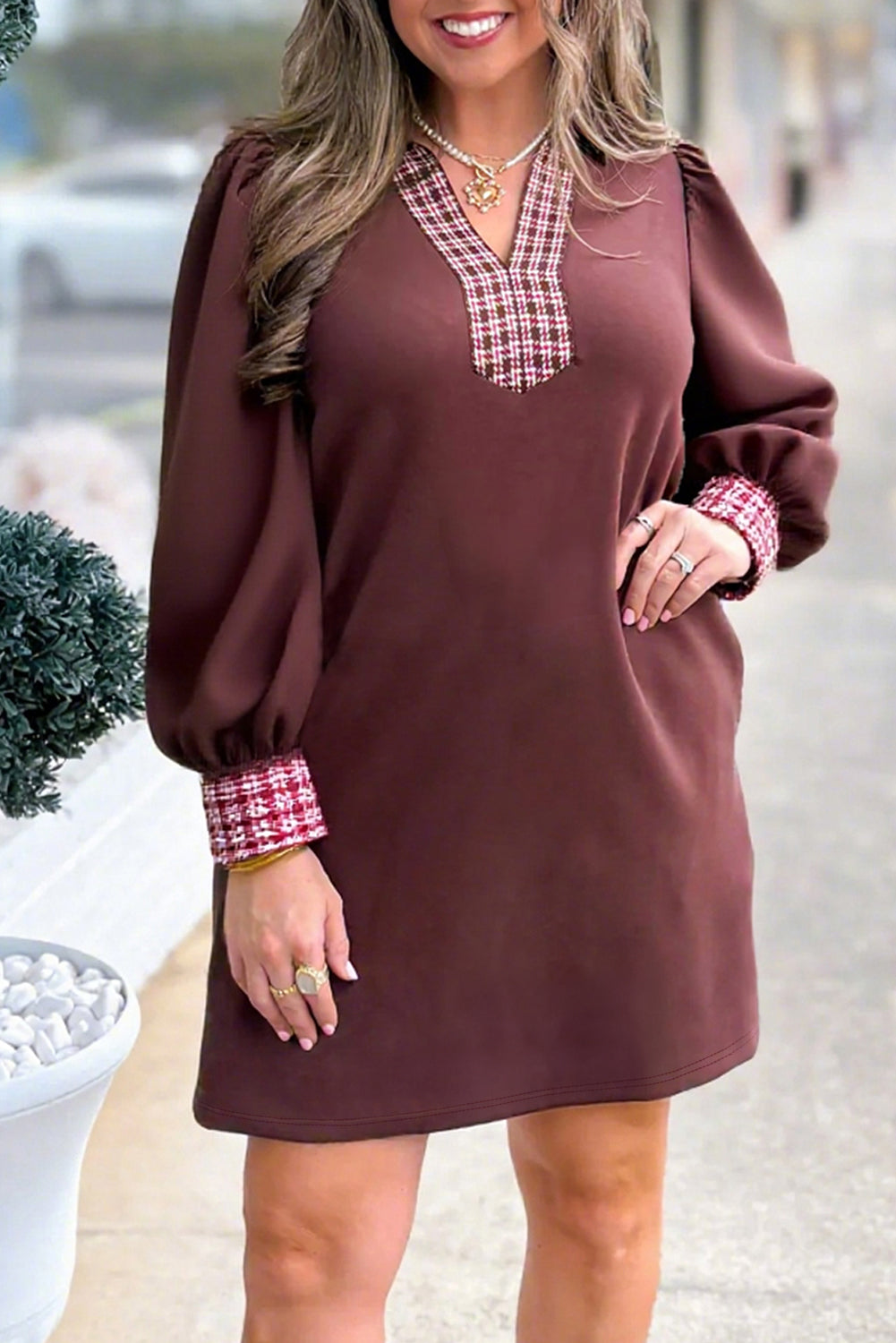 Coffee Contrast Plaid Trim Patchwork Collared Plus Size Shift Mini Dress