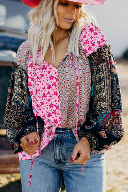 Pink Boho Mixed Floral Drop Shoulder Bubble Sleeve Blouse