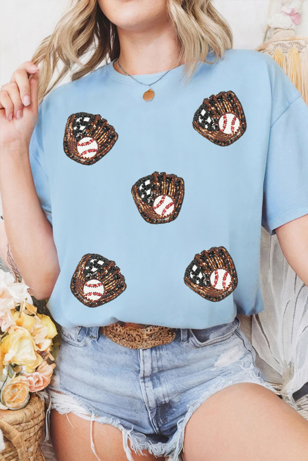 Light Blue Baseball Sequin Patch T Shirt