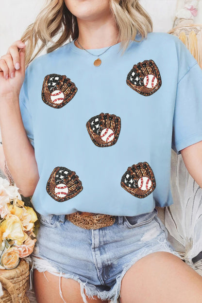 Light Blue Baseball Sequin Patch T Shirt