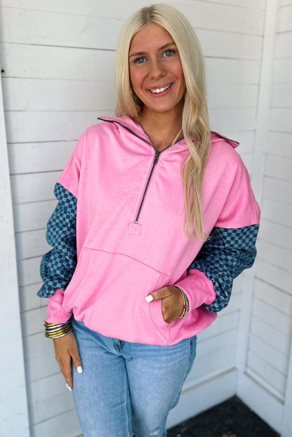 Bonbon Checkered Half Zipper Hoodie