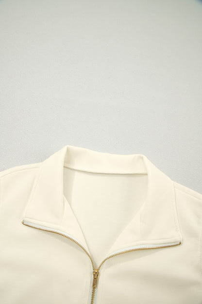 Beige Zipped up Collared Ruffled Short Sleeve Blouse