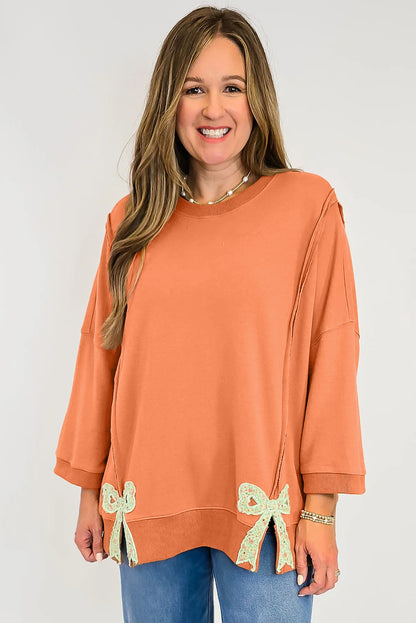 Grapefruit Orange Floral Bow Patched Exposed Seam Patchwork Slit Baggy Sweatshirt