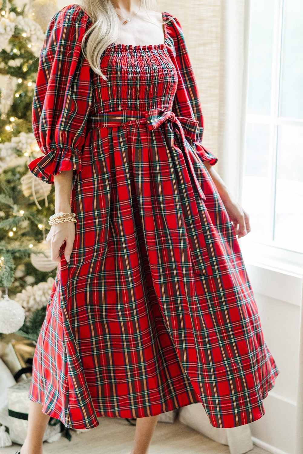 Red Tartan Plaid Square Neck Puff Sleeve Knot Waist Flared Midi Dress