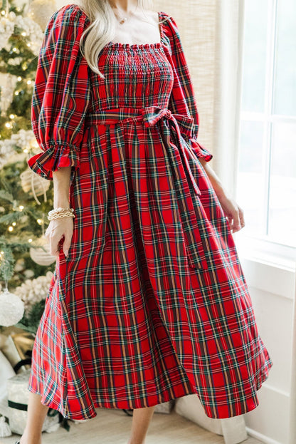 Red Tartan Plaid Square Neck Puff Sleeve Knot Waist Flared Midi Dress