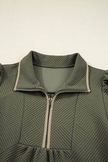 Jungle Green Quarter Zip Collar Bracelet Sleeve Textured Mini Dress