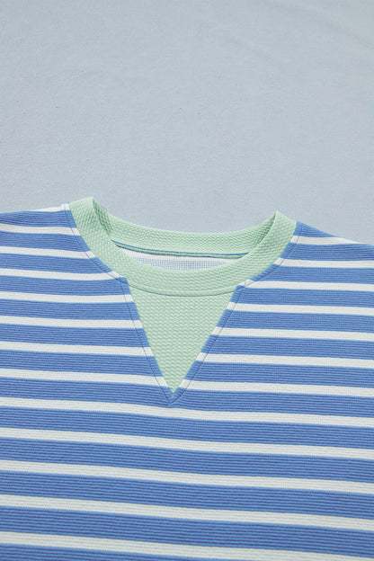 Sky Blue Stripe Contrast Trim Loose Short Sleeve Top