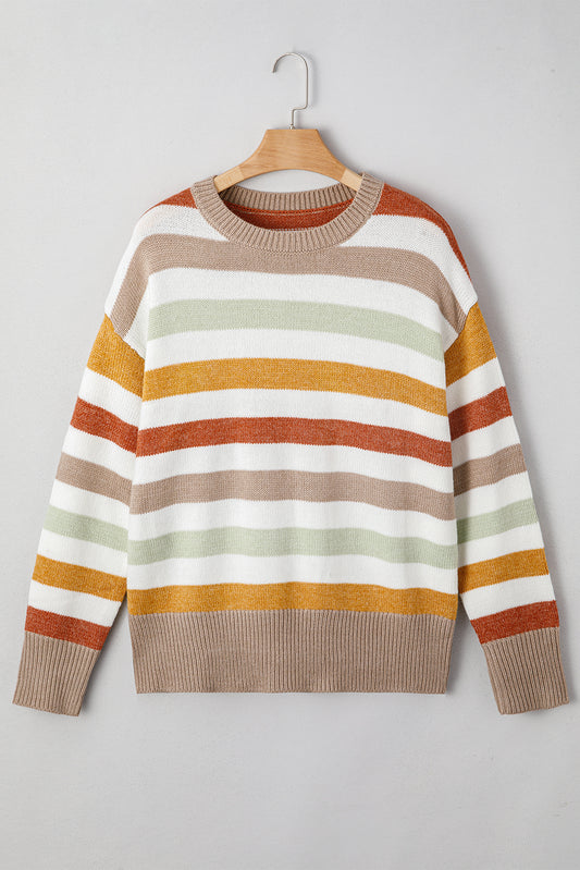 Multicolour Striped Colorblock Drop Shoulder Plus Size Sweater