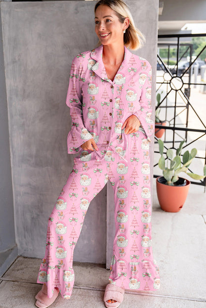 Pink Christmas Print Ruffled Ribbed Shirt & Pants 2 Piece PJ Set