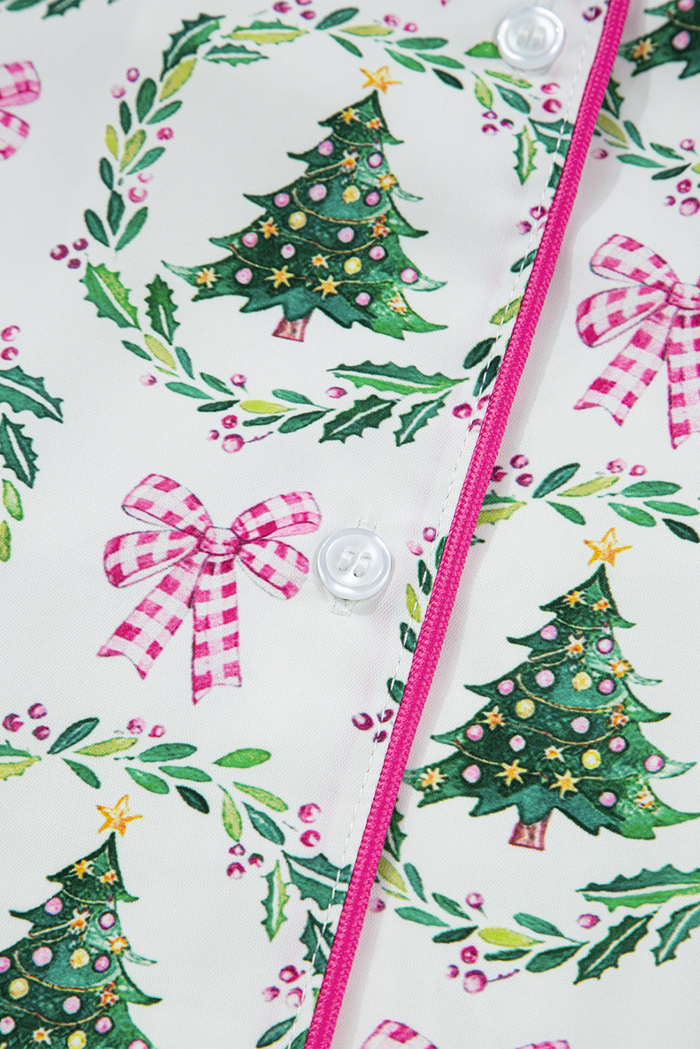 Green Christmas Fashion Print Velvet Trim Bow Knot Pajama 2pcs Short Set