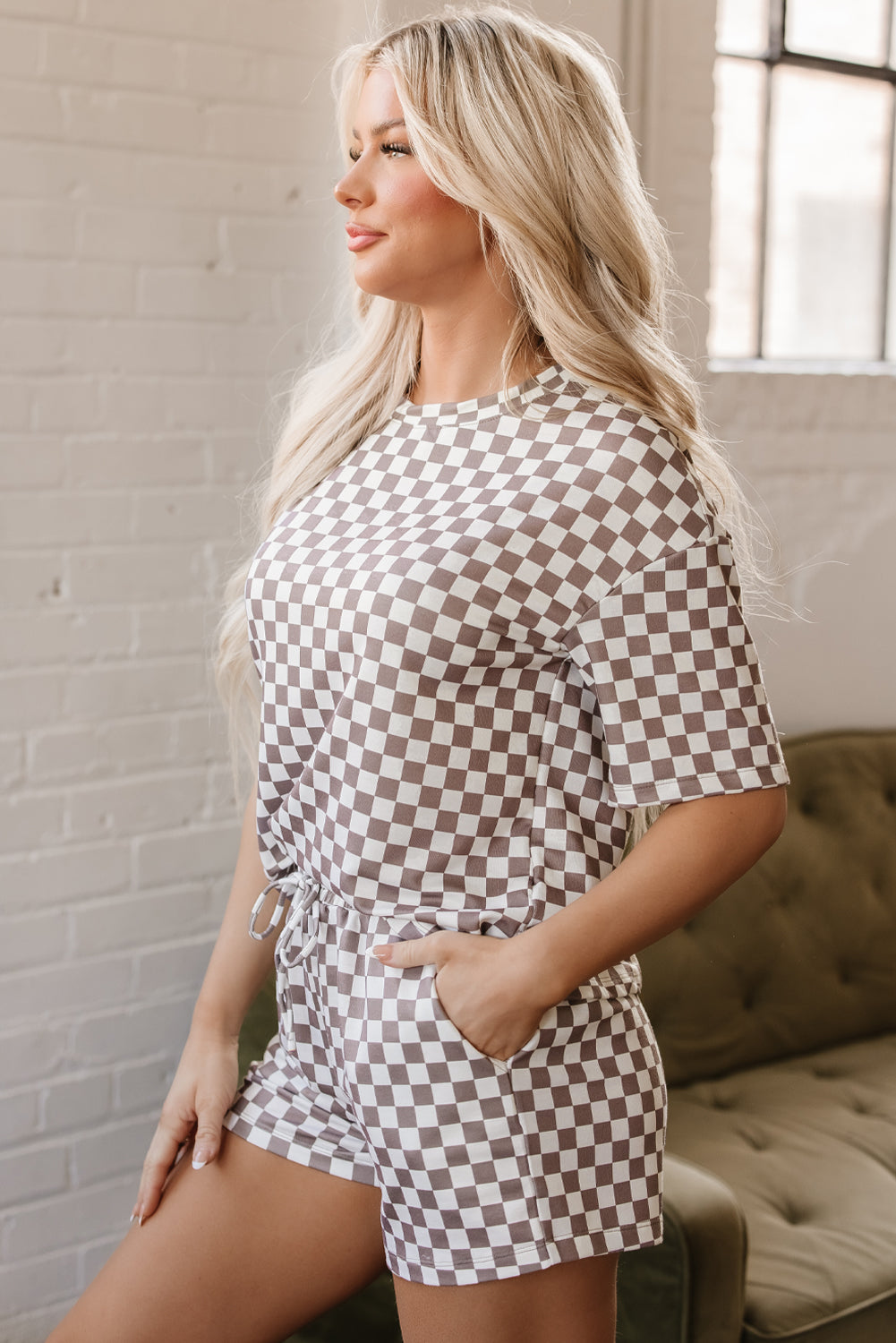 Brown Checkered Top and Short Casual two piece Set