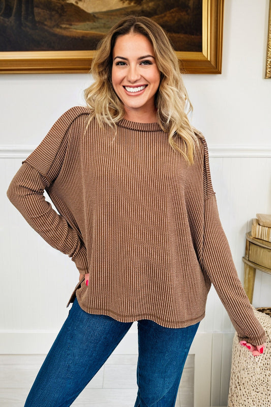 Dark Khaki Twist Ribbed Exposed Seam Detail Long Sleeve Loose Top