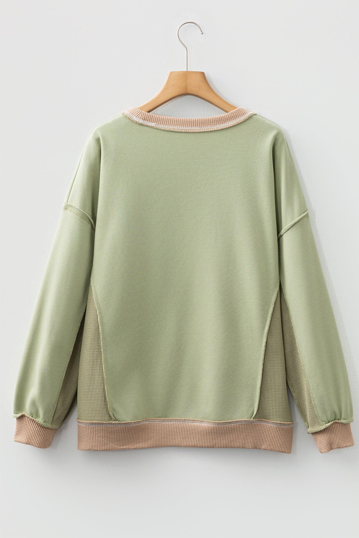 Smoke Green Color Block Mix Texture Waffle Patchwork Oversize Sweatshirt