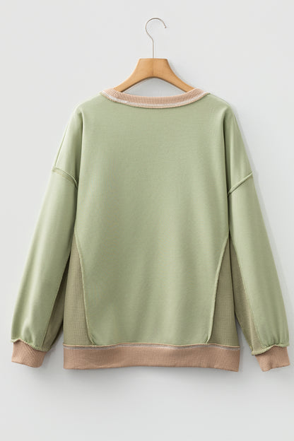 Smoke Green Color Block Mix Texture Waffle Patchwork Oversize Sweatshirt