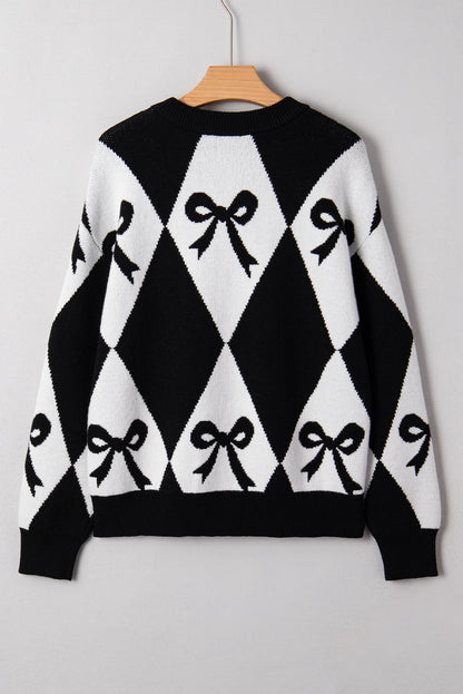Black Bow Print 2-tone Rhombus Knit Loose Sweater