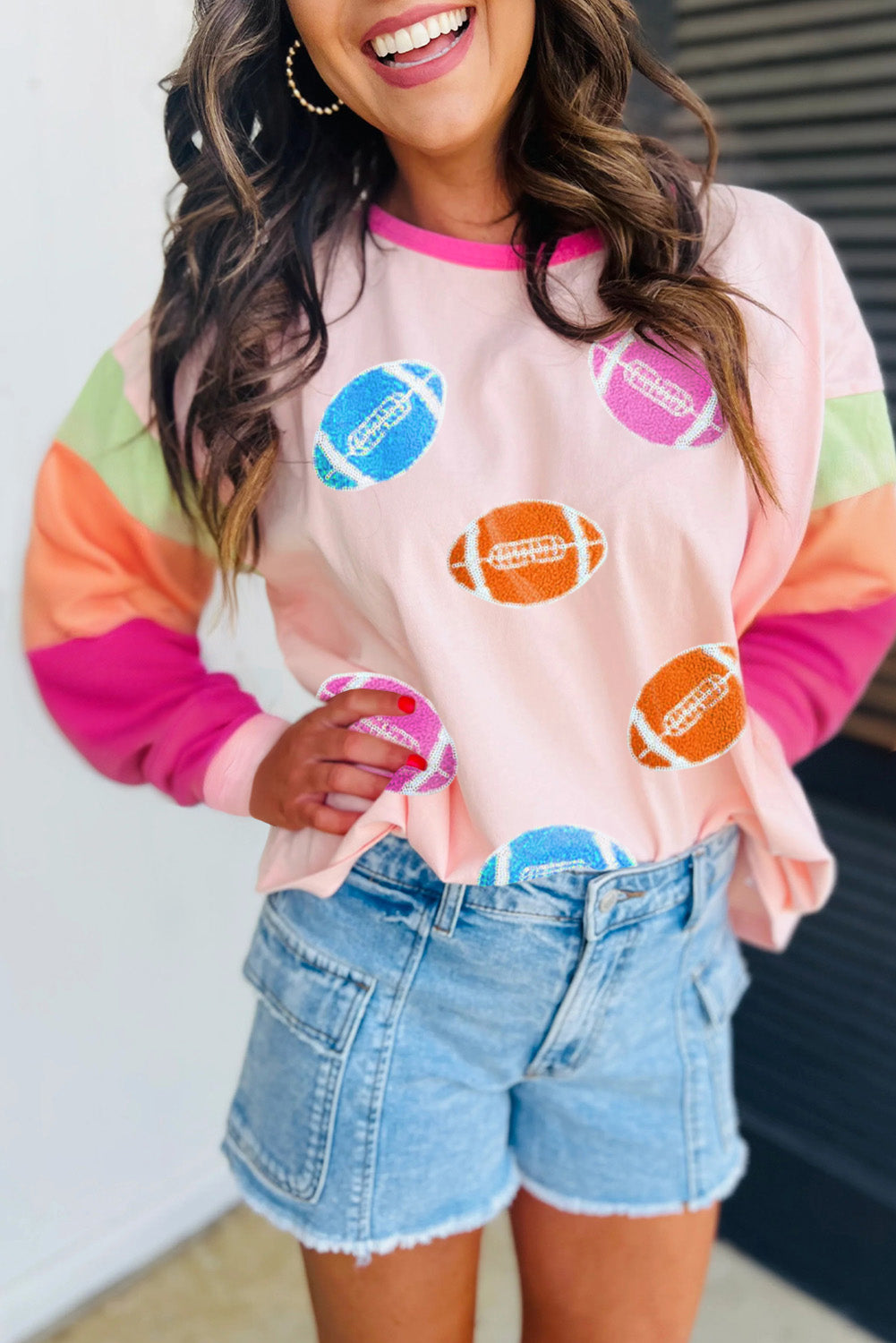 Pink GAME DAY Football Graphic Color Block Sleeve Top