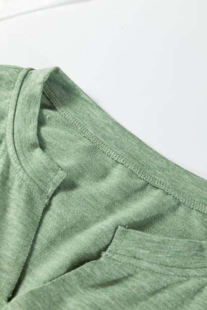 Smoke Green Notched Neck Terry Raw Hem Long Sleeve Top