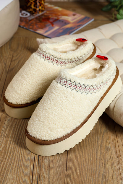White Embroidered Sherpa Plush Thick Sole Winter Slippers