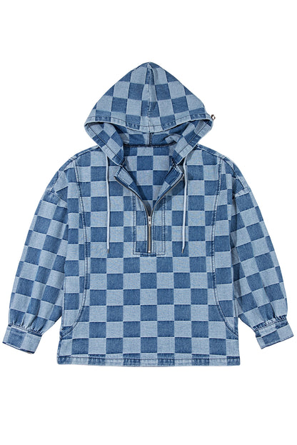 Sky Blue Checkerboard Zipped Neck Kangaroo Pocket Denim Hoodie