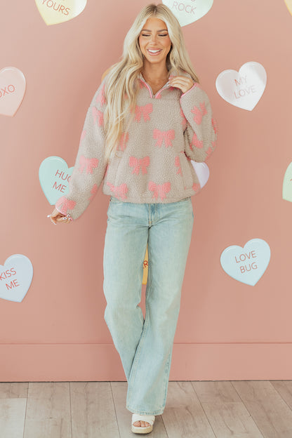 Gray Bow Sherpa Quarter Zip Drop Shoulder Baggy Sweatshirt
