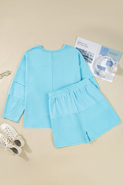 Aruba Blue Plus Size Solid Color Splicing Raw Hem Pullover Top Shorts Set