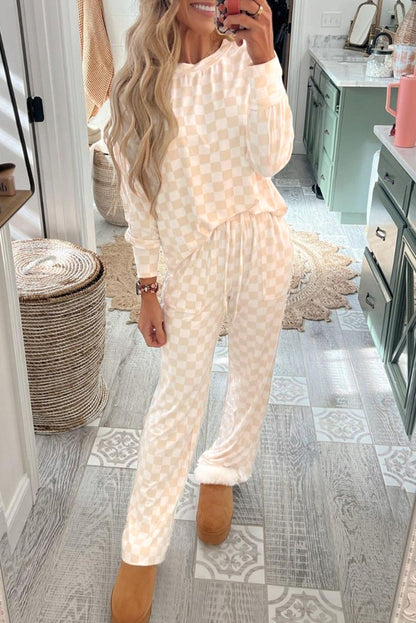 Beige Checkered Print Long Sleeve Top and Pants Lounge/Pajama Set