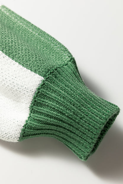 Mist Green Checkered Pattern Polo Collar Loose Sweater