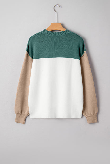 Green Color Block Plain Ribbed Knit Baggy Sweater