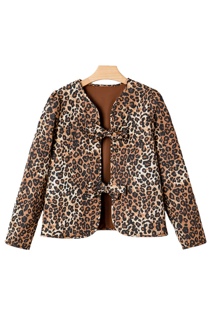 Khaki Leopard Quilted Tie Front Jacket