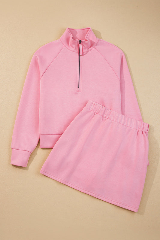 Pink Half Zip Sporty Pullover Mini Skirt 2pcs Outfit