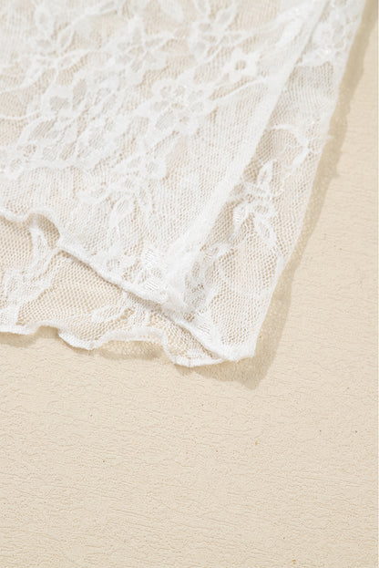 White Sheer Lace Mesh Mock Neck Slim Fit Long Sleeve Top