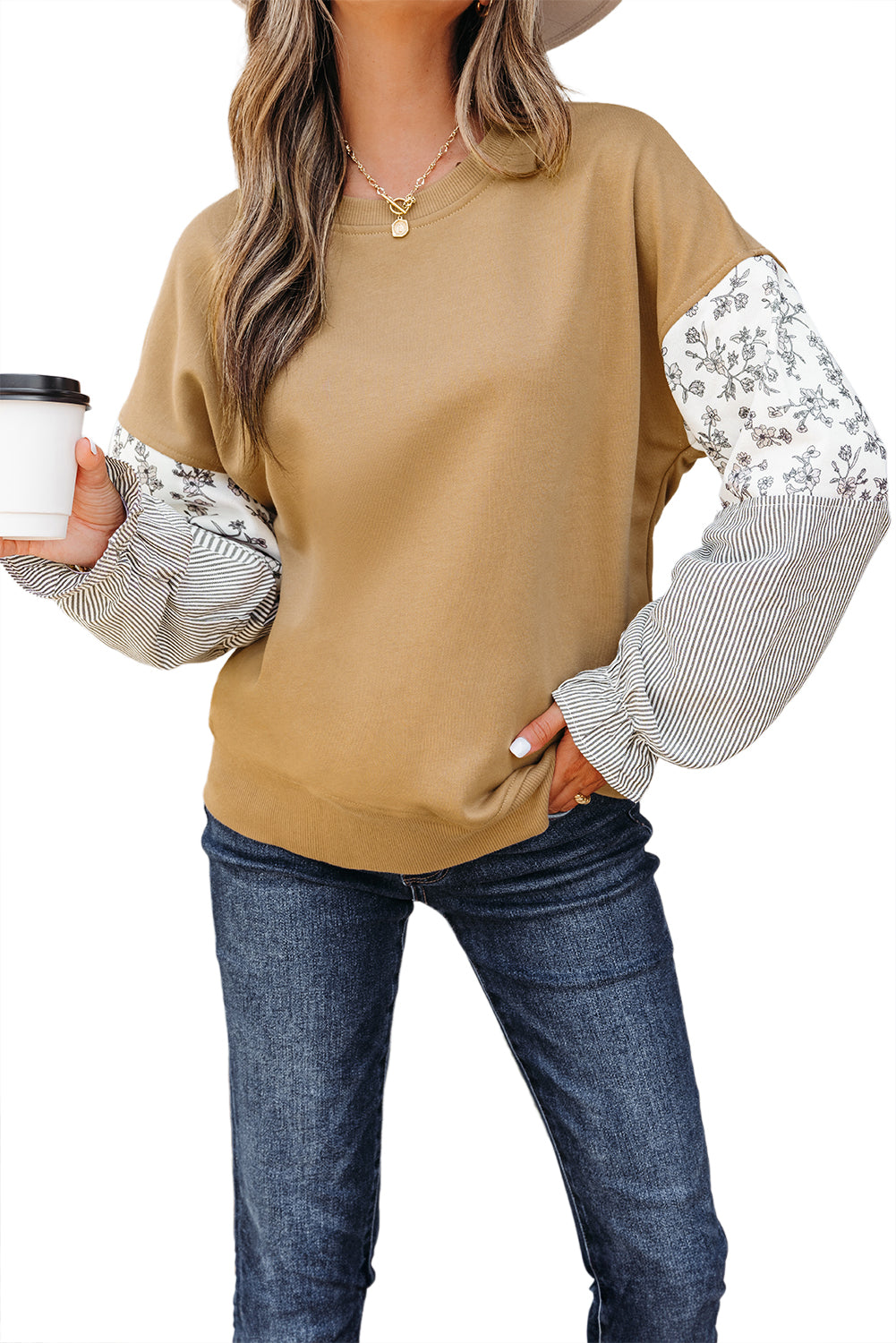 Camel Floral Striped Patchwork Ruffled Sleeve Crew Neck Sweatshirt