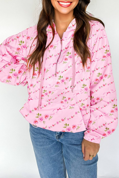 Pink Floral Print Half Zip Kangaroo Pouch Drawstring Hoodie