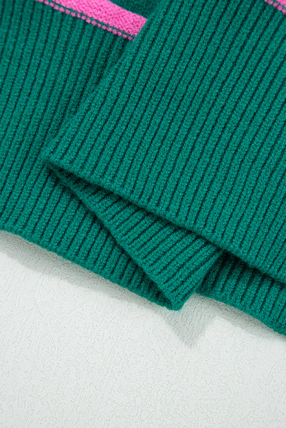 Green Stripe Half Buttons Drop Shoulder Plus Size Sweater