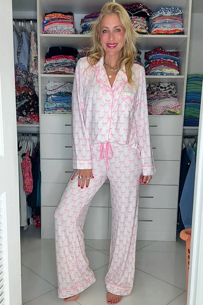 Pink Bow Print Long Sleeve Shirt and Pants Soft Pajama Set