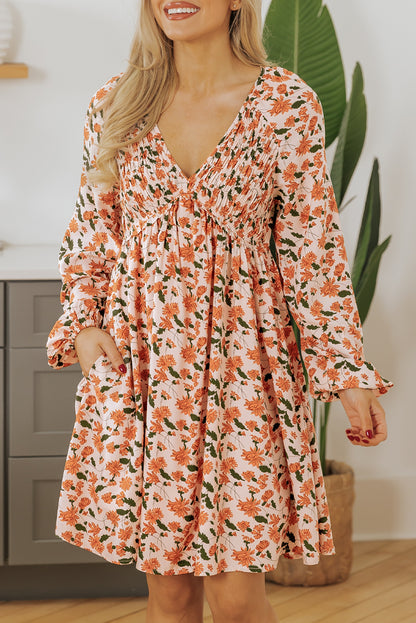 Beige Floral Deep V Neck Smocked Bust Bubble Sleeve Babydoll Dress