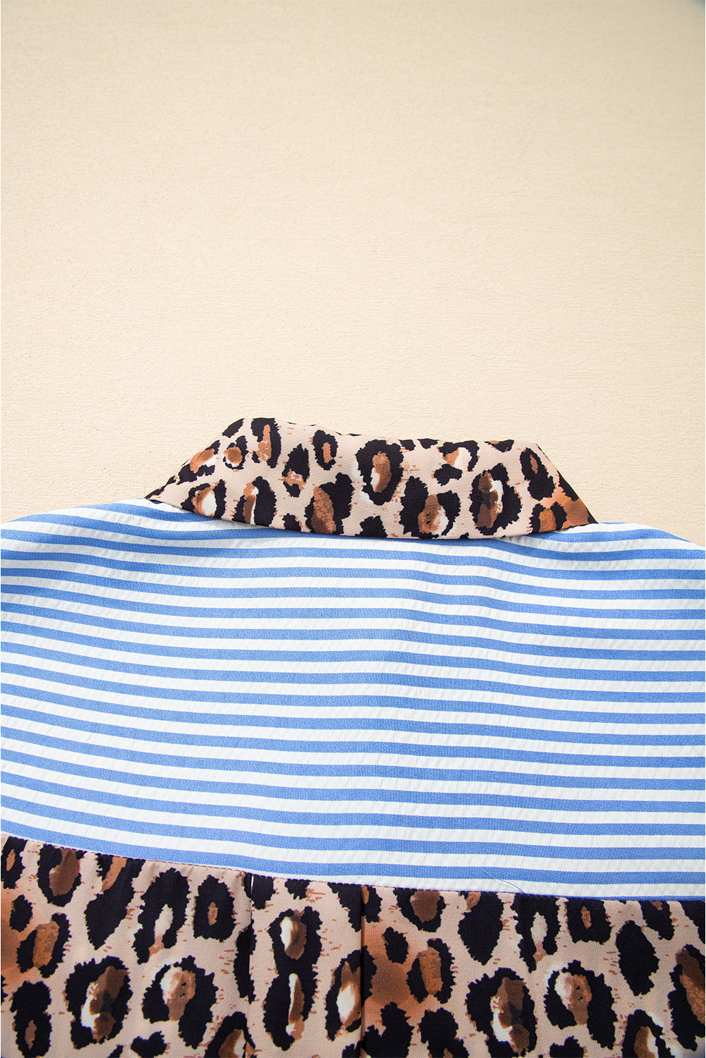 Sky Blue Striped Leopard Print Patchwork Button Up Womens Shirt