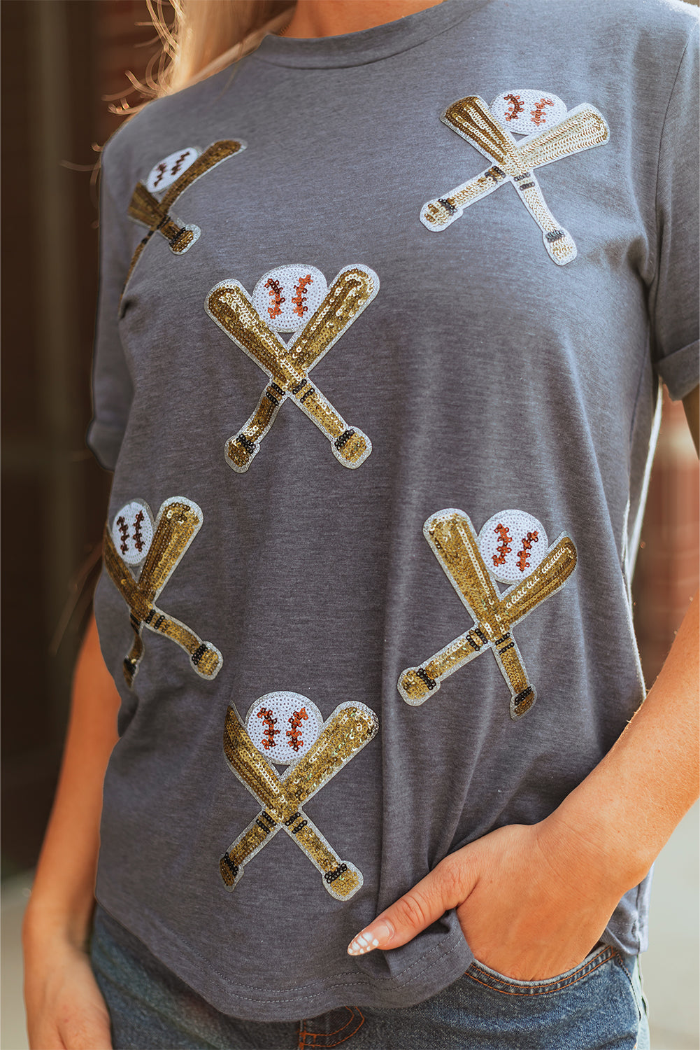 Gray Sequined Baseball Game Day Tee