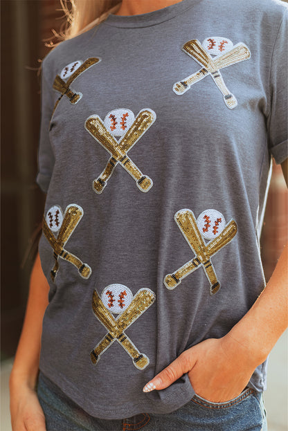 Gray Sequined Baseball Game Day Tee