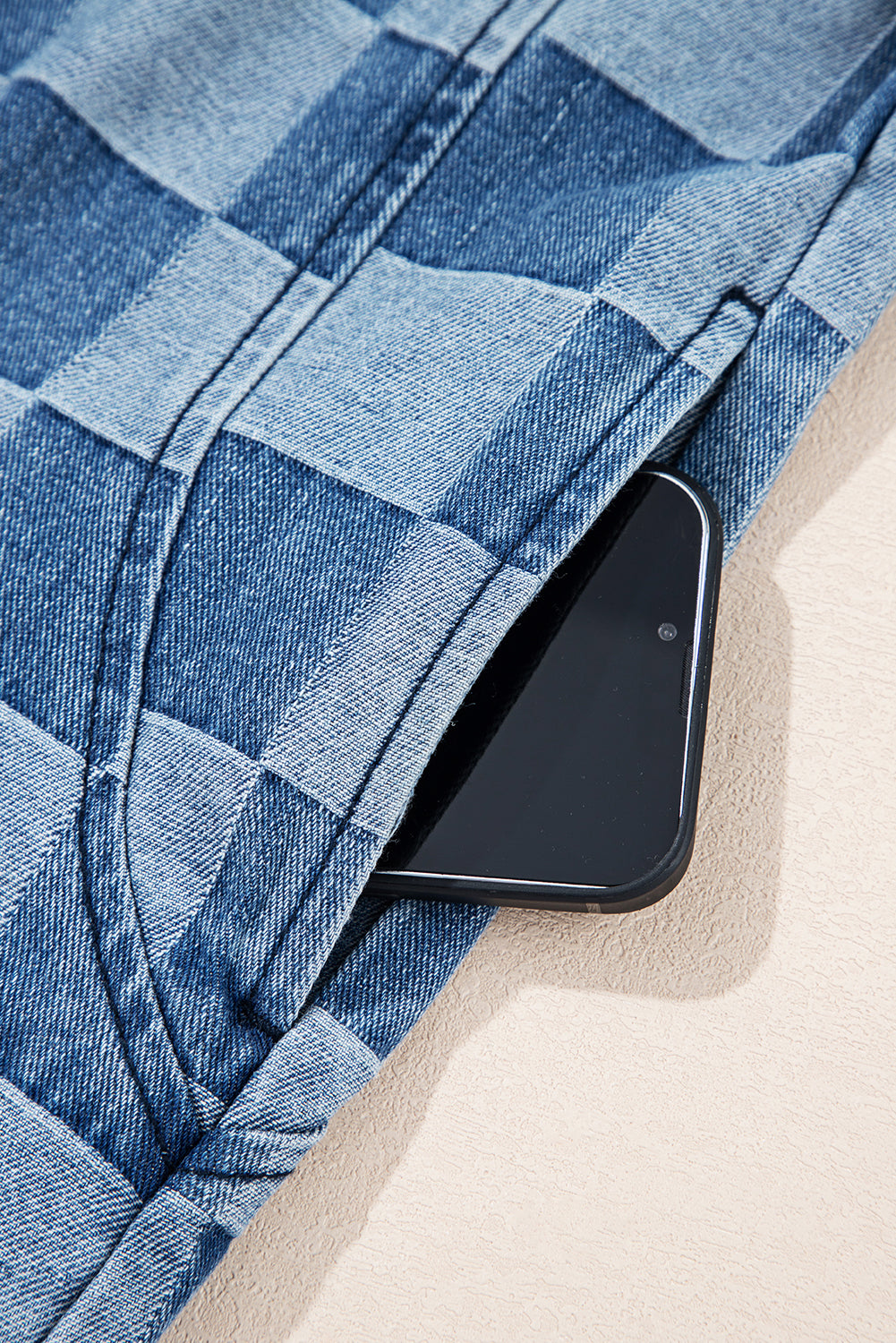 Sky Blue Checkerboard Zipped Neck Kangaroo Pocket Denim Hoodie