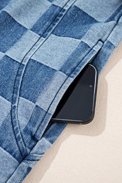 Sky Blue Checkerboard Zipped Neck Kangaroo Pocket Denim Hoodie