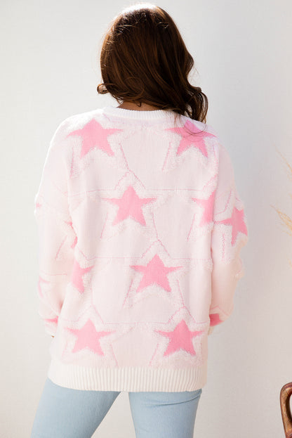 Sachet Pink Oversized Cute Star Pattern Ribbed Edge Drop Shoulder Sweater