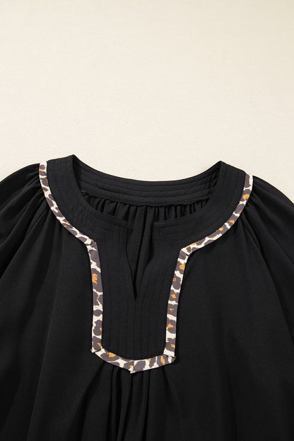 Black Plus Size Notched Neck Leopard Trim Flounce Long Sleeve Shift Dress