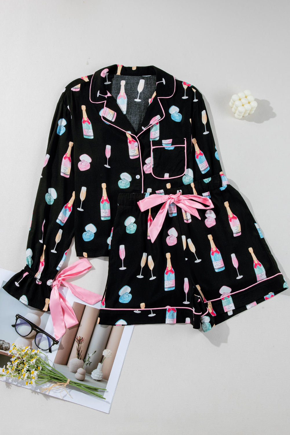 Color black Christmas Wine Glass Print Bow Knot Two Piece Pajama Set