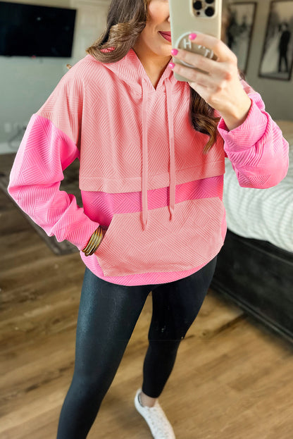 Pink Textured Color Block Pocket Drop Shoulder Hoodie