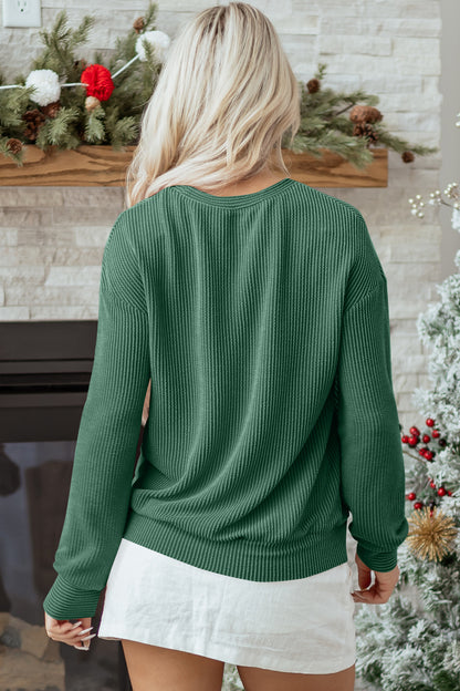 Blackish Green Twisted Rib Outlined Merry Letter Graphic Loose Long Sleeve Top