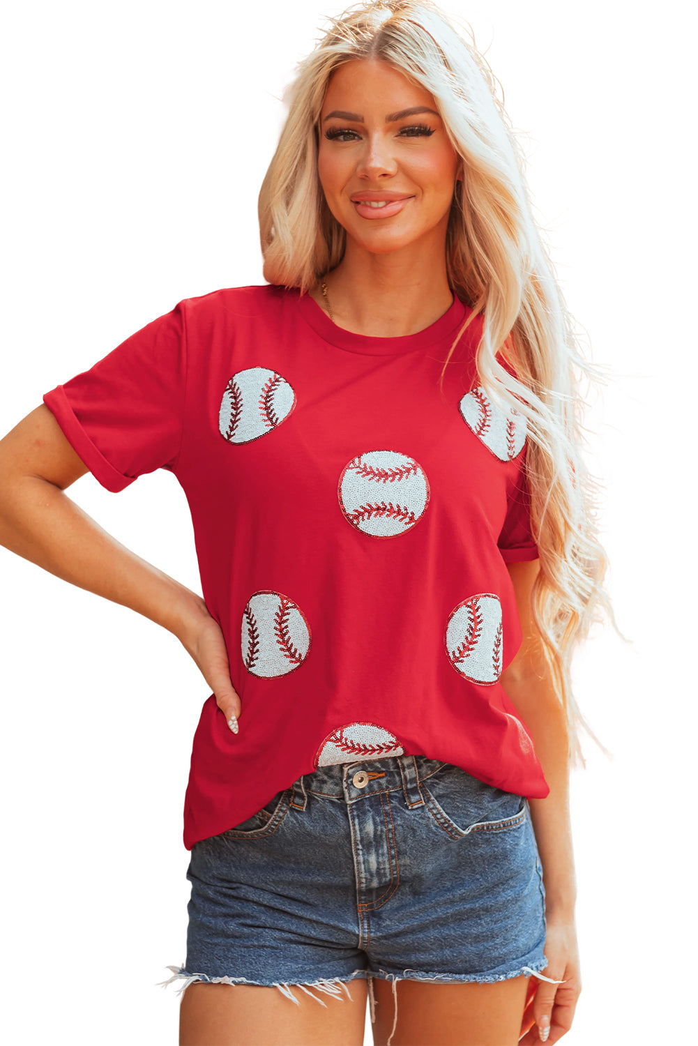 Red Glittering baseball  Pattern Crew Neck Game Day T Shirt