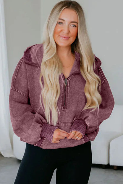 Wild Ginger Half Zip Kangaroo Pocket Mineral Wash Baggy Hoodie