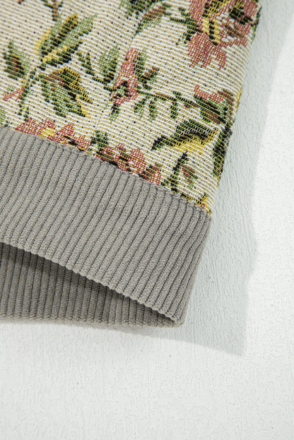 Medium Grey Ribbed Retro Floral Patchwork Shirt Style Jacket