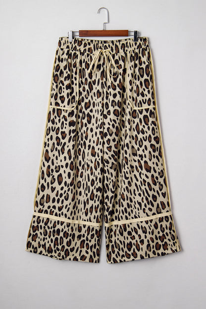 Khaki Exposed Seam Patched Pocket Plus Size Drawstring Leopard Wide Leg Pants